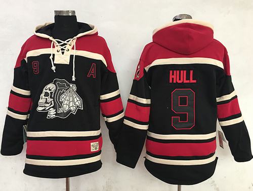 Blackhawks #9 Bobby Hull Black Sawyer Hooded Sweatshirt Stitched NHL Jersey