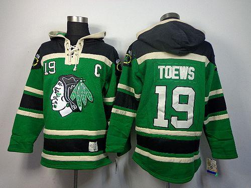 Blackhawks #19 Jonathan Toews Green St. Patrick's Day McNary Lace Hoodie Stitched NHL Jersey