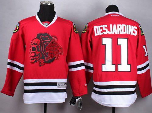 Blackhawks #11 Andrew Desjardins Red(Red Skull) Stitched NHL Jersey - Click Image to Close