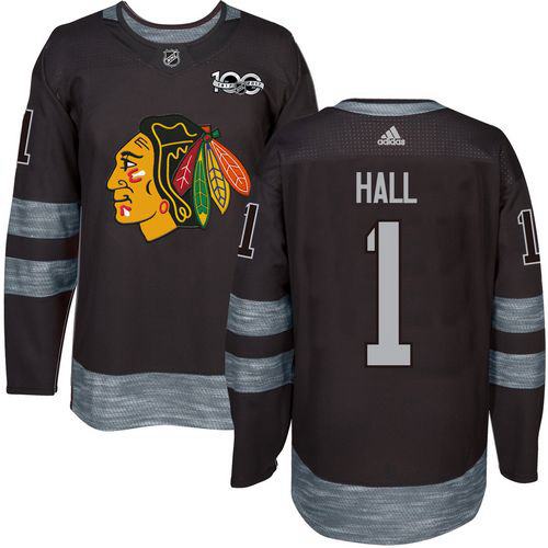 Adidas Blackhawks #1 Glenn Hall Black 1917-2017 100th Anniversary Stitched NHL Jersey