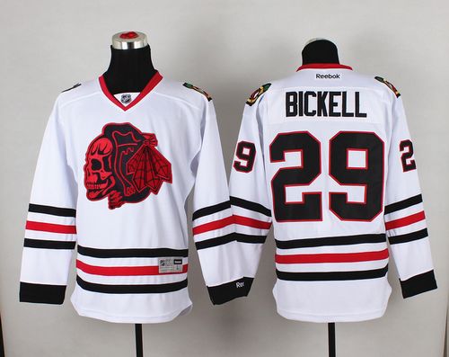 Blackhawks #29 Bryan Bickell White(Red Skull) Stitched NHL Jersey - Click Image to Close