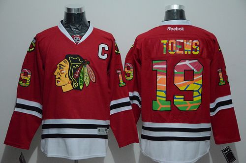 Blackhawks #19 Jonathan Toews Red Team Logo On No. Stitched NHL Jersey - Click Image to Close