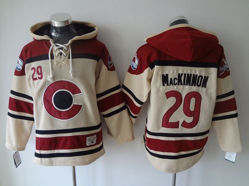 Avalanche #29 Nathan MacKinnon Cream Sawyer Hooded Sweatshirt Stitched NHL Jersey - Click Image to Close