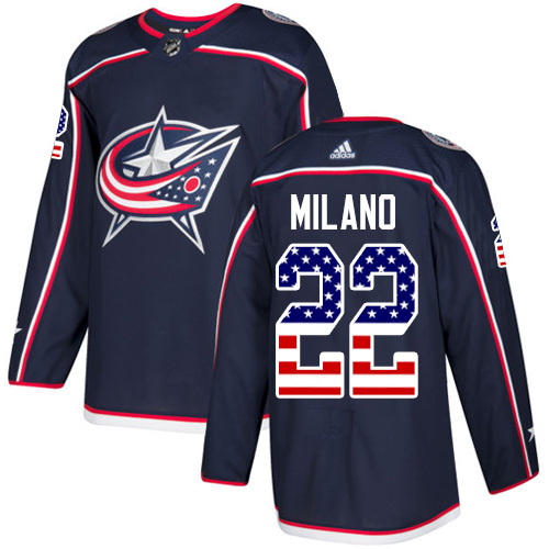 Adidas Blue Jackets #22 Sonny Milano Navy Blue Home Authentic USA Flag Stitched NHL Jersey - Click Image to Close