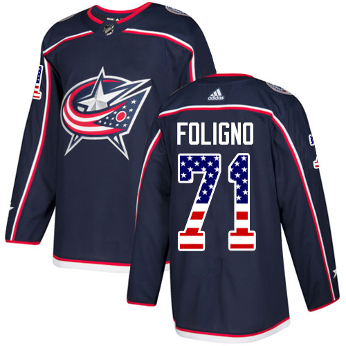 Adidas Blue Jackets #71 Nick Foligno Navy Blue Home Authentic USA Flag Stitched NHL Jersey - Click Image to Close