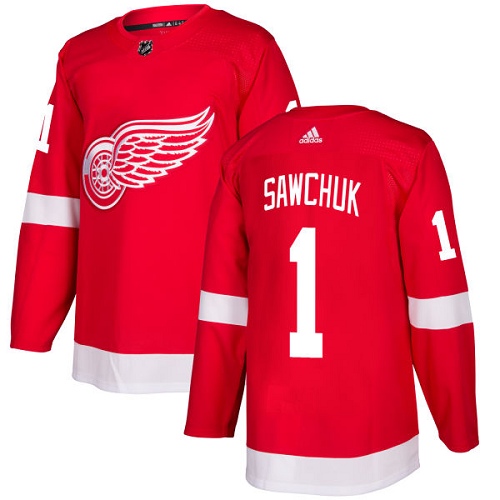 Adidas Red Wings #1 Terry Sawchuk Red Home Authentic Stitched NHL Jersey - Click Image to Close