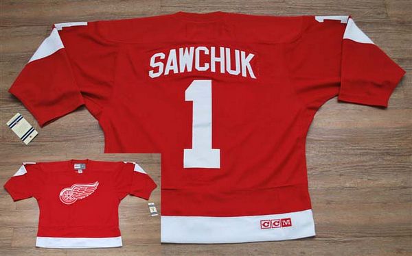 Red Wings #1 Terry Sawchuk Stitched Red CCM Throwback NHL Jersey - Click Image to Close