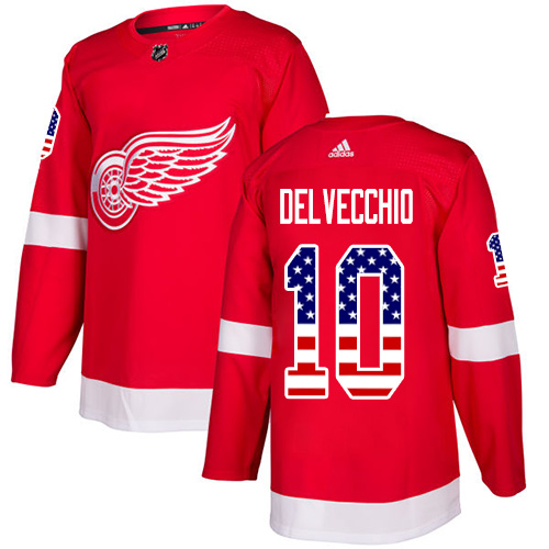 Adidas Red Wings #10 Alex Delvecchio Red Home Authentic USA Flag Stitched NHL Jersey - Click Image to Close