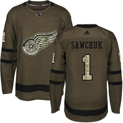 Adidas Red Wings #1 Terry Sawchuk Green Salute to Service Stitched NHL Jersey - Click Image to Close