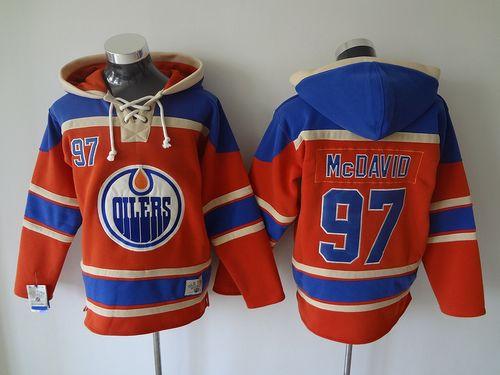 Oilers #97 Connor McDavid Orange Sawyer Hooded Sweatshirt Stitched NHL Jersey - Click Image to Close