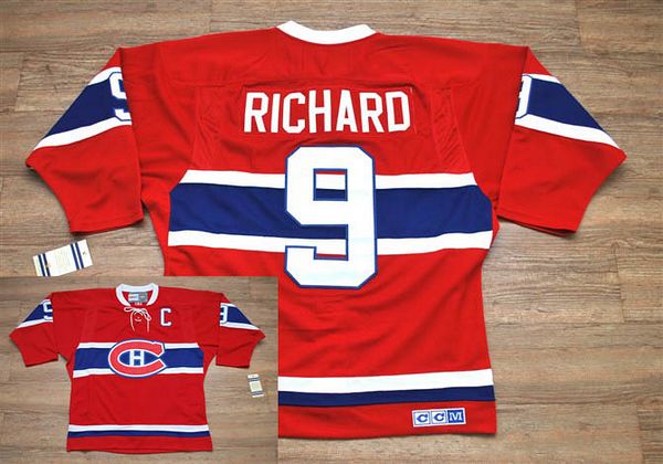 Canadiens #9 Henri Richard Stitched Red CH CCM Throwback NHL Jersey - Click Image to Close