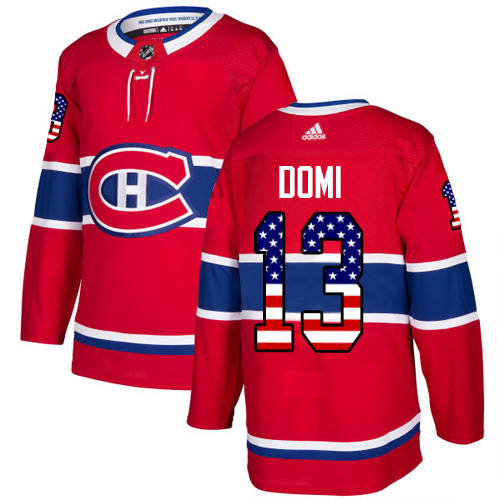 Adidas Canadiens #13 Max Domi Red Home Authentic USA Flag Stitched NHL Jersey - Click Image to Close