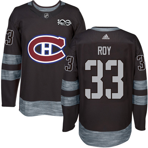 Adidas Canadiens #33 Patrick Roy Black 1917-2017 100th Anniversary Stitched NHL Jersey - Click Image to Close