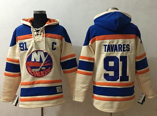 Islanders #91 John Tavares Cream Sawyer Hooded Sweatshirt Stitched NHL Jersey