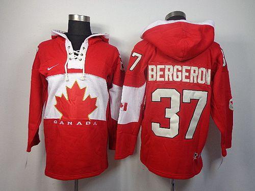 Olympic CA. #37 Patrice Bergeron Red Sawyer Hooded Sweatshirt Stitched NHL Jersey