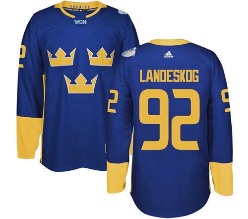 Team Sweden #92 Gabriel Landeskog Blue 2016 World Cup Stitched NHL Jersey - Click Image to Close