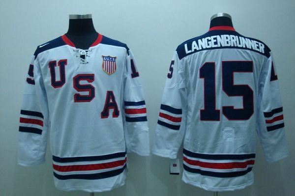 2010 Olympic Team USA #15 Jamie Langenbrunner Embroidered White 1960 Throwback NHL Jersey - Click Image to Close