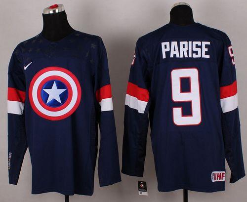 Olympic Team USA #9 Zach Parise Navy Blue Captain America Fashion Stitched NHL Jersey