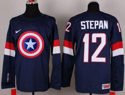 Olympic Team USA #12 Derek Stepan Navy Blue Captain America Fashion Stitched NHL Jersey - Click Image to Close