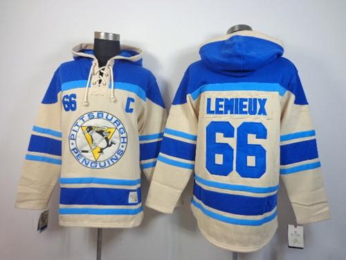 Penguins #66 Mario Lemieux Cream Sawyer Hooded Sweatshirt Stitched NHL Jersey - Click Image to Close