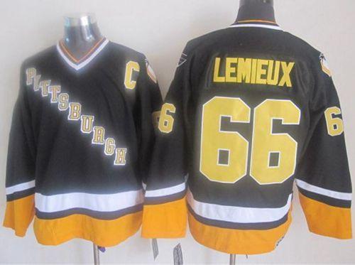 Penguins #66 Mario Lemieux Black/Yellow CCM Throwback Stitched NHL Jersey