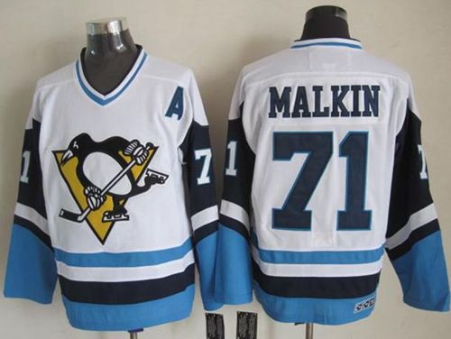 Penguins #71 Evgeni Malkin White/Blue CCM Throwback Stitched NHL Jersey - Click Image to Close