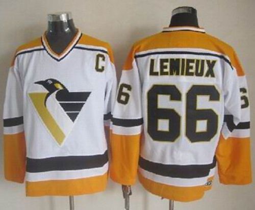 Penguins #66 Mario Lemieux White/Yellow CCM Throwback Stitched NHL Jersey - Click Image to Close