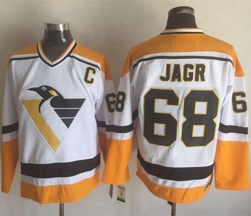 Penguins #68 Jaromir Jagr White/Yellow CCM Throwback Stitched NHL Jersey - Click Image to Close