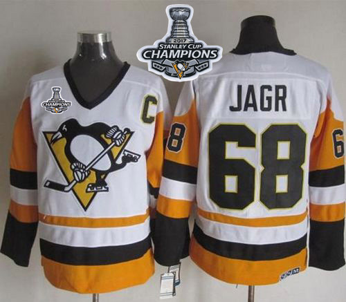 Penguins #68 Jaromir Jagr White/Black CCM Throwback 2017 Stanley Cup Finals Champions Stitched NHL Jersey - Click Image to Close