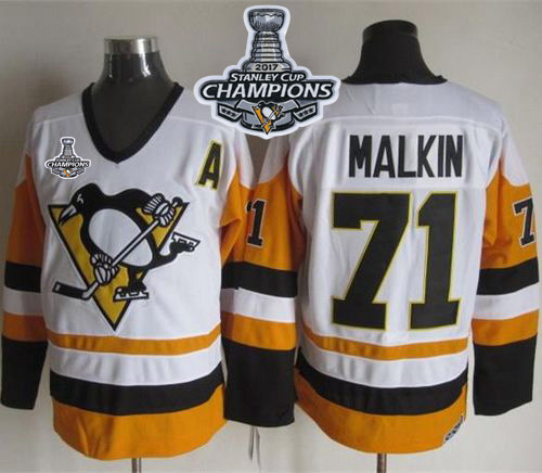 Penguins #71 Evgeni Malkin White/Black CCM Throwback 2017 Stanley Cup Finals Champions Stitched NHL Jersey - Click Image to Close