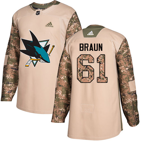 Adidas Sharks #61 Justin Braun Camo Authentic 2017 Veterans Day Stitched NHL Jersey - Click Image to Close