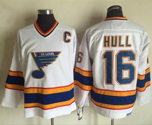 Blues #16 Brett Hull White/Yellow CCM Throwback Stitched NHL Jersey - Click Image to Close