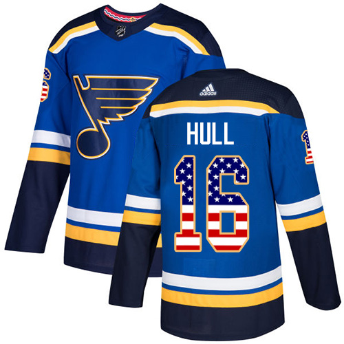 Adidas Blues #16 Brett Hull Blue Home Authentic USA Flag Stitched NHL Jersey - Click Image to Close