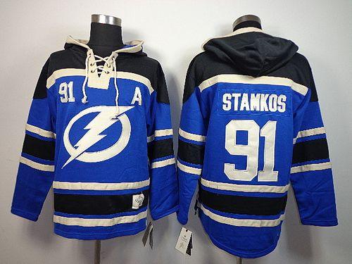 Lightning #91 Steven Stamkos Blue Sawyer Hooded Sweatshirt Stitched NHL Jersey