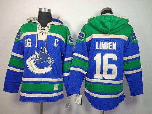 Canucks #16 Trevor Linden Blue Sawyer Hooded Sweatshirt Stitched NHL Jersey - Click Image to Close