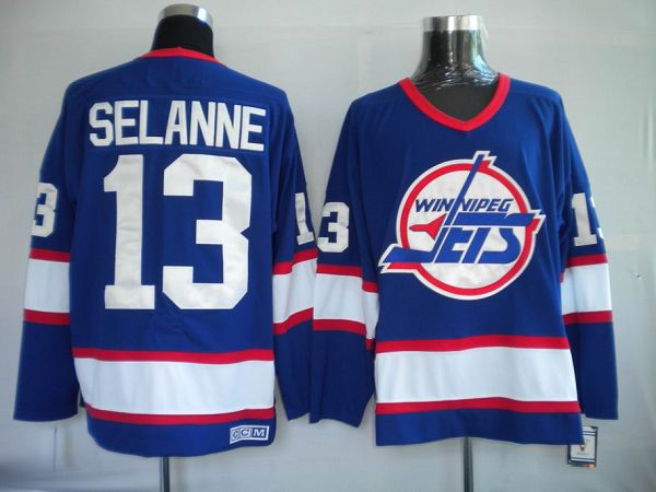 Jets #13 Teemu Selanne Stitched Blue CCM Throwback NHL Jersey - Click Image to Close