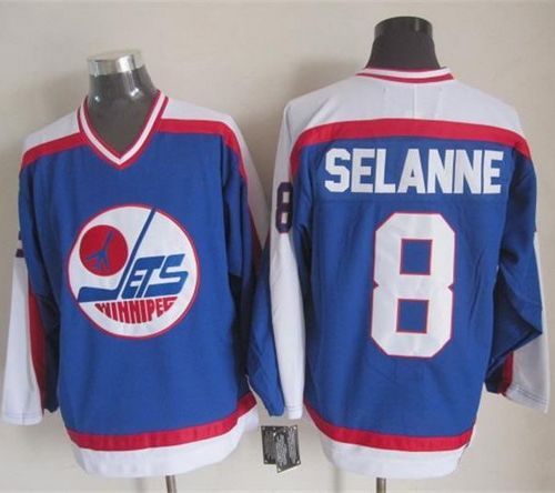 Jets #8 Teemu Selanne Blue/White CCM Throwback Stitched NHL Jersey