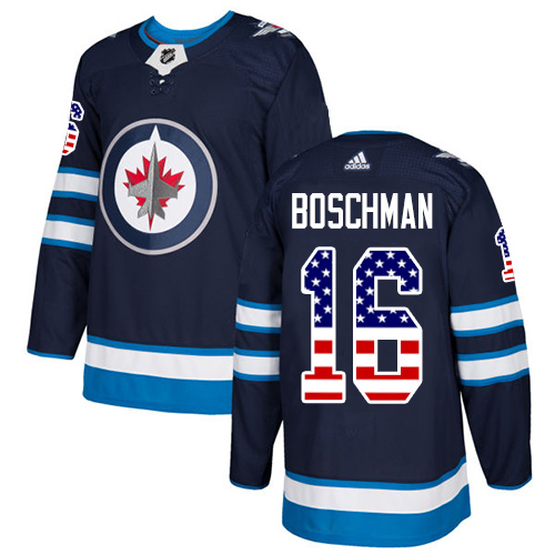 Adidas Jets #16 Laurie Boschman Navy Blue Home Authentic USA Flag Stitched NHL Jersey