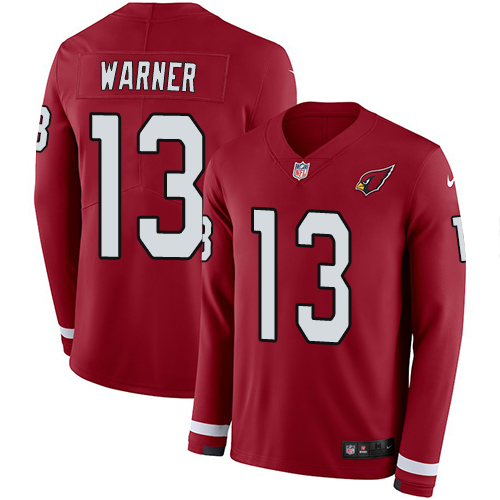 Nike Cardinals #13 Kurt Warner Red Team Color Men's Stitched NFL Limited Therma Long Sleeve Jersey - Click Image to Close