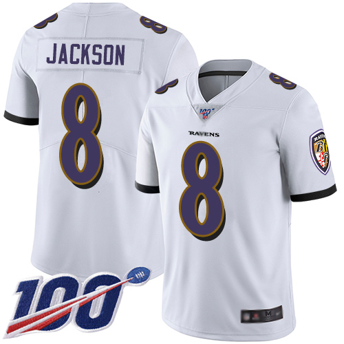 Ravens #8 Lamar Jackson White Men's Stitched Football 100th Season Vapor Limited Jersey