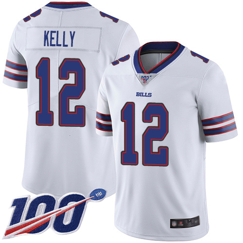 Bills #12 Jim Kelly White Men's Stitched Football 100th Season Vapor Limited Jersey - Click Image to Close