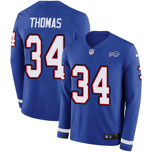 Nike Bills #34 Thurman Thomas Royal Blue Team Color Men's Stitched NFL Limited Therma Long Sleeve Jersey - Click Image to Close