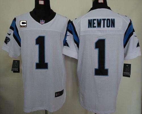 Nike Panthers #1 Cam Newton White With C Patch Men's Stitched NFL Elite Jersey