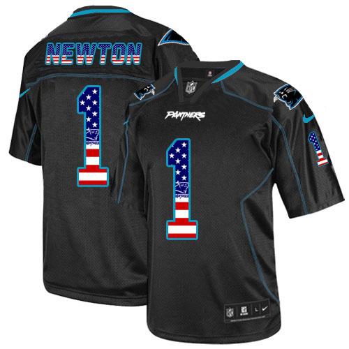 Nike Panthers #1 Cam Newton Black Men's Stitched NFL Elite USA Flag Fashion Jersey - Click Image to Close