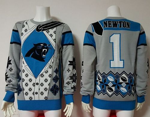 Nike Panthers #1 Cam Newton Blue/Grey Men's Ugly Sweater - Click Image to Close