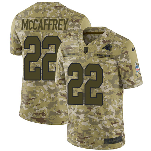 Nike Panthers #22 Christian McCaffrey Camo Men's Stitched NFL Limited 2018 Salute To Service Jersey - Click Image to Close