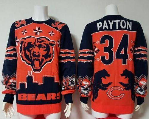 Nike Bears #34 Walter Payton Orange/Navy Blue Men's Ugly Sweater - Click Image to Close