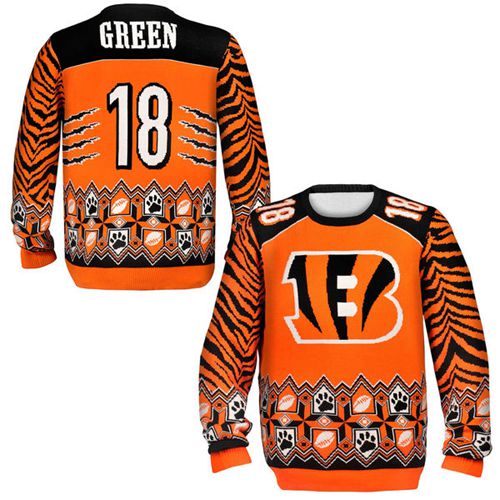 Nike Bengals #18 A.J. Green Orange/Black Men's Ugly Sweater