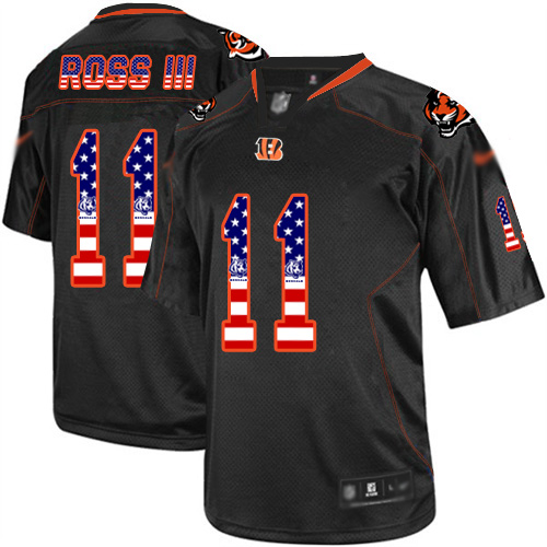 Bengals #11 John Ross III Black Men's Stitched Football Elite USA Flag Fashion Jersey - Click Image to Close