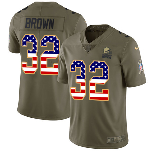 Nike Browns #32 Jim Brown Olive/USA Flag Men's Stitched NFL Limited 2017 Salute To Service Jersey - Click Image to Close